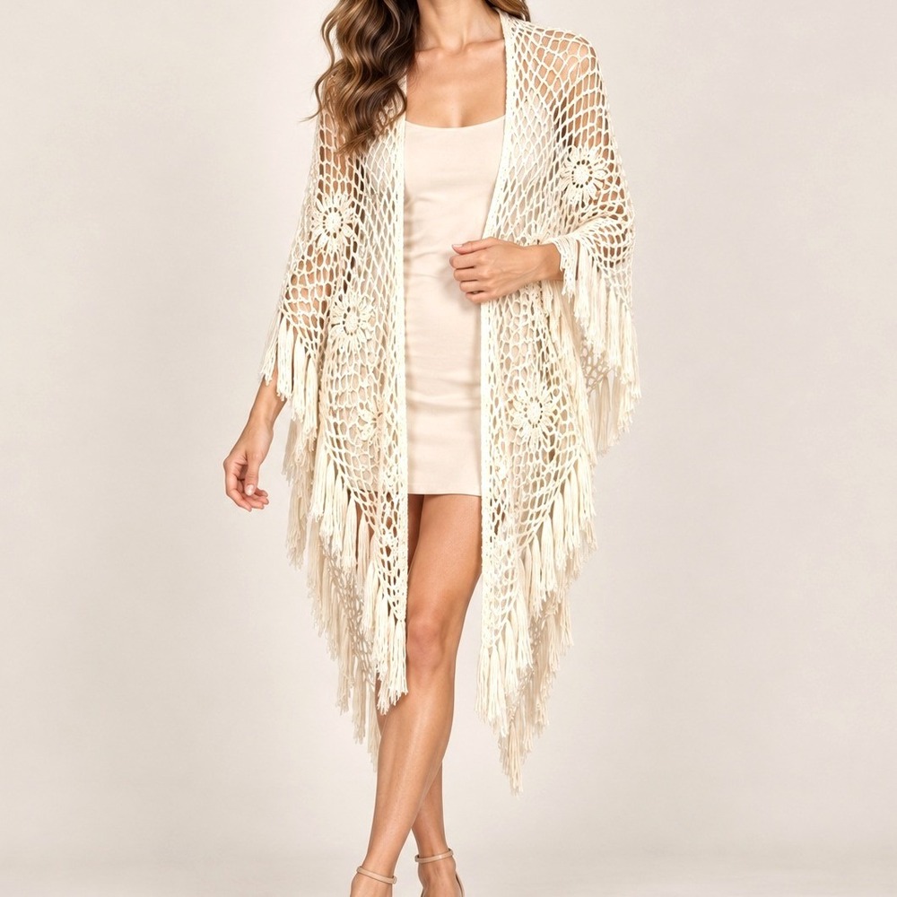 VTG Cream Crochet Shawl Wrap Fringe Boho Festival Floral Open Knit One Size Boho